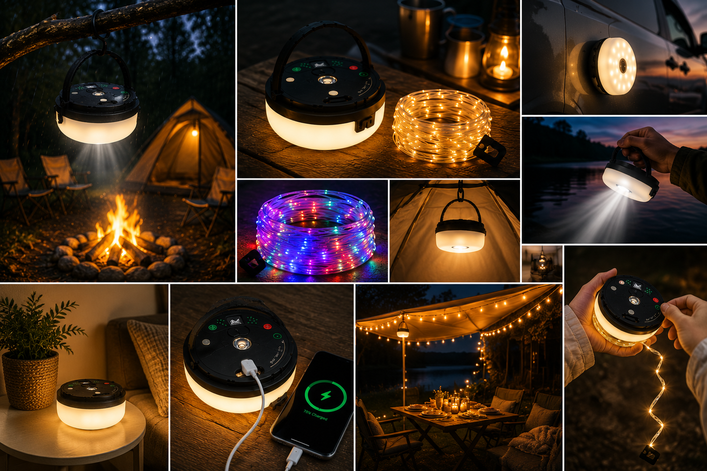 4-i-1 – Oppladbar campinglampe med lysslynge og powerbank